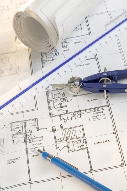 Architectural tools and blue prints.