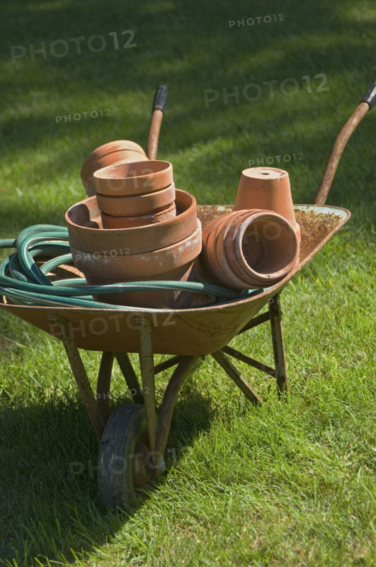 Wheelbarrow and gardening tools.