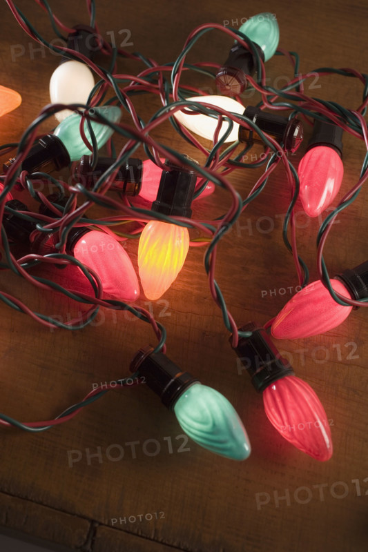 Still life of a string of Christmas lights.