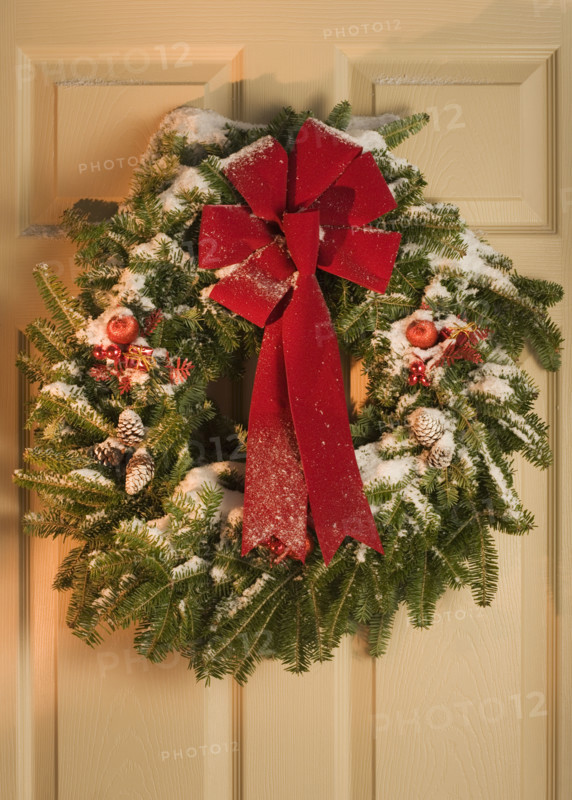 Still life of Christmas wreath on door.