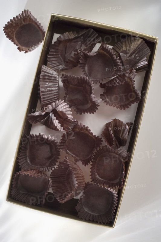 Empty candy box with wrappers.