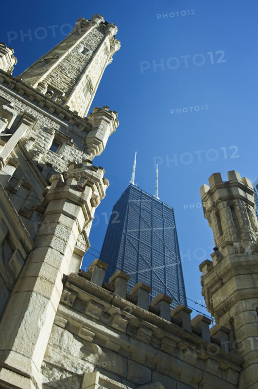 Chicago Water Tower with John Hancock Center behind..