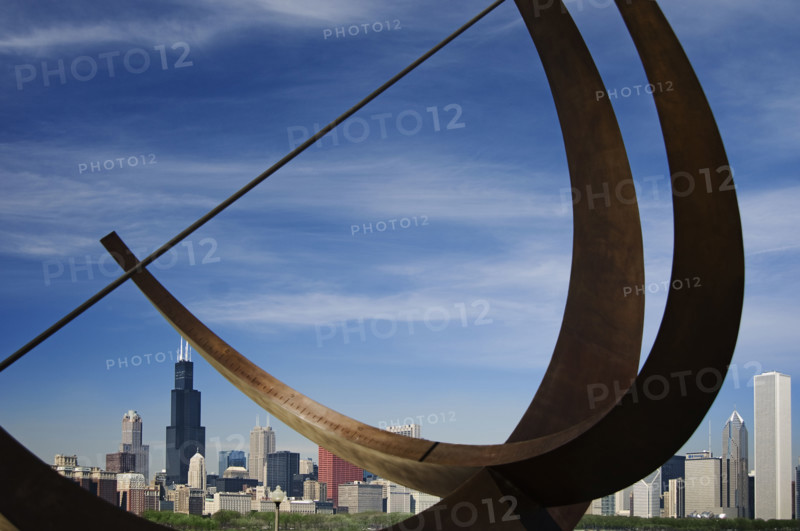 Adler Planetarium sundial and city skyline Chicago Illinois USA.