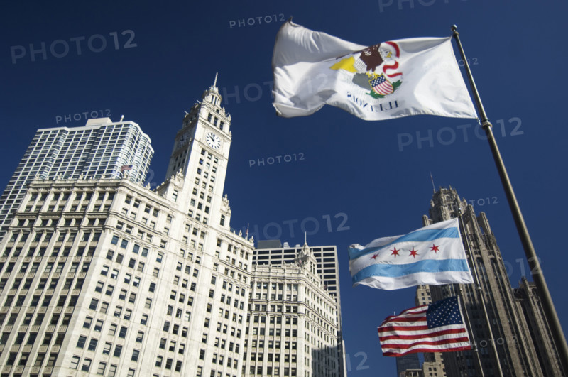 Wrigley Building with flags Chicago Illinois USA.