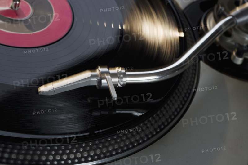 Closeup of a turntable and record.