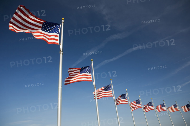 Flags around Washington Memorial Washington DC USA.
