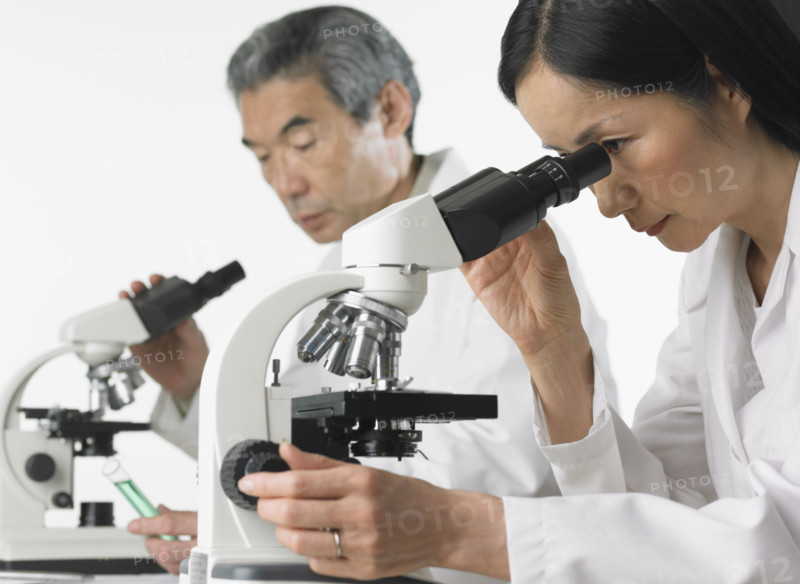 Man and woman in lab coats using microscopes.