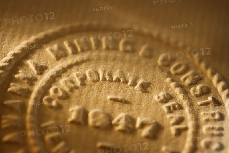 Close up of raised corporate seal.