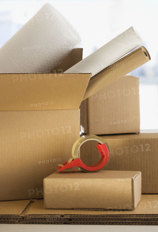 Shipping boxes and packing supplies.