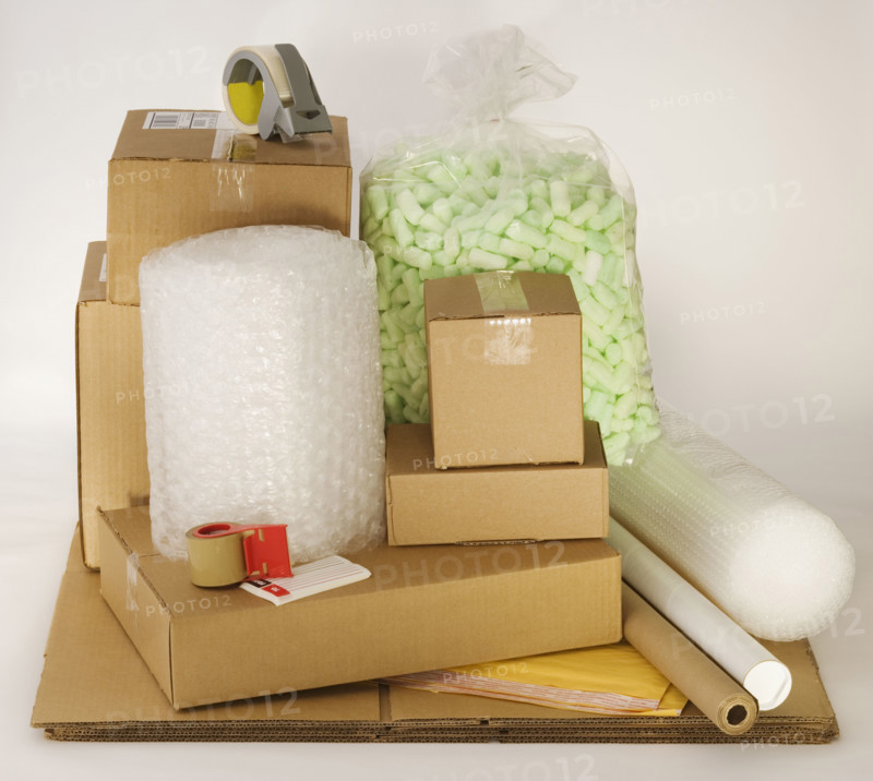 Shipping boxes and packing supplies.