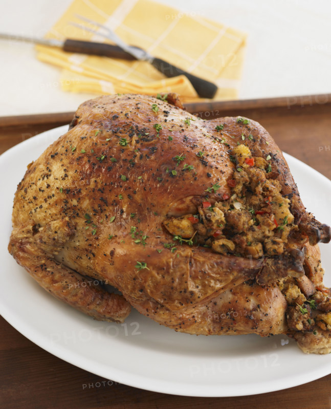 Close up of Thanksgiving turkey on table.