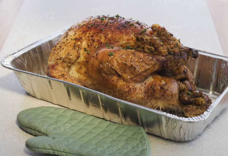 Close up of Thanksgiving turkey in pan.