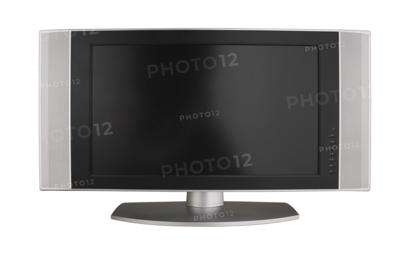 Wide screen television on table.