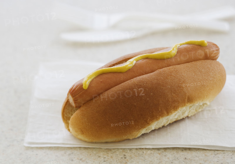 Close up of hot dog in bun.