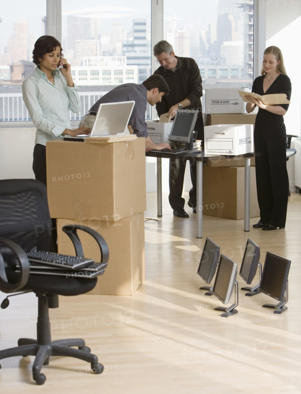 Businesspeople working in new office.