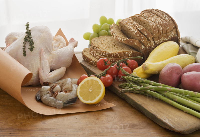 Assorted food groups on table.