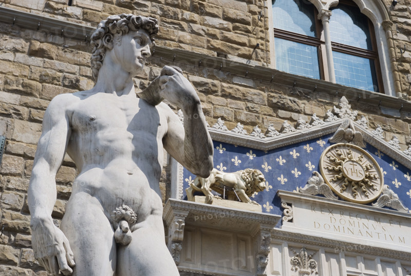 Low angle view of Michelangelo’s David, Italy.