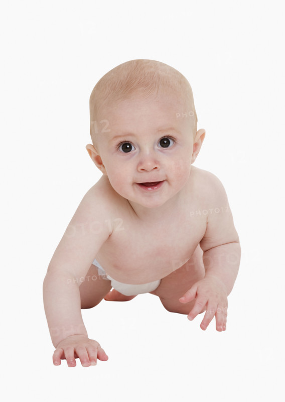 Studio shot of baby crawling.