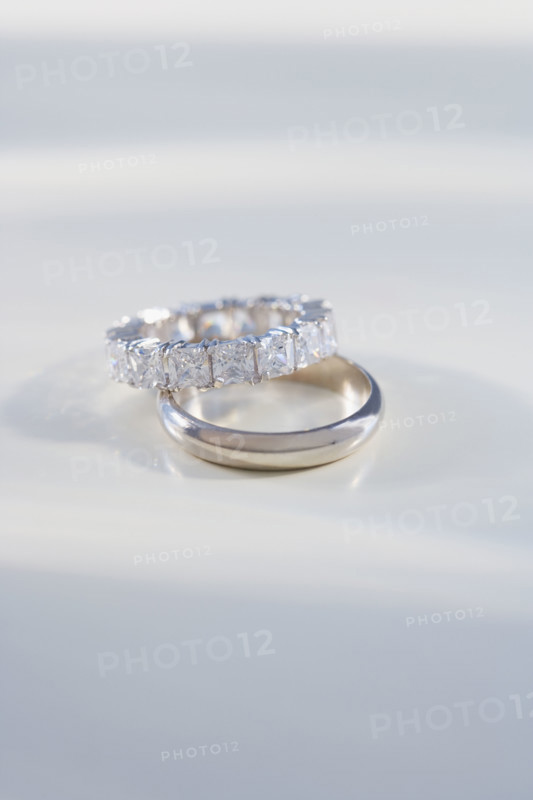 Close up of engagement and wedding rings.