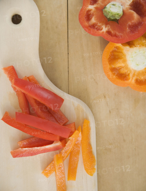 Chopped bell peppers on cutting board. Date : 2006