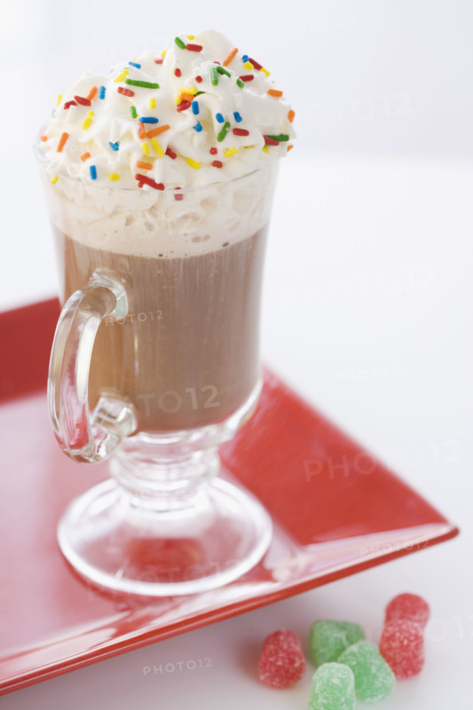 Close up of milkshake and gumdrops. Date : 2006