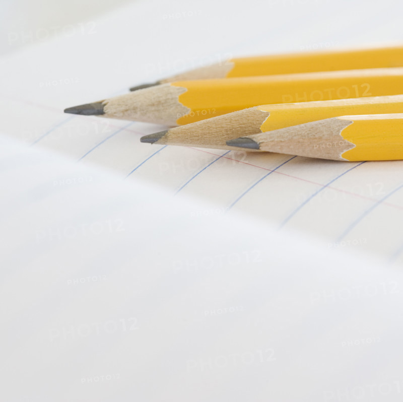 Close up of pencils on notebook. Date : 2006