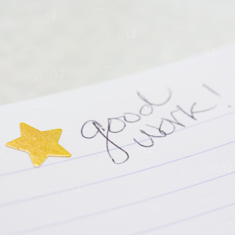 Close up of gold star and good work on notebook. Date : 2006