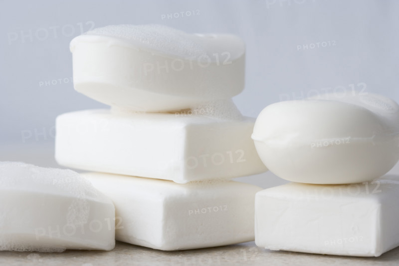 Stacks of white bars of soap. Date : 2006