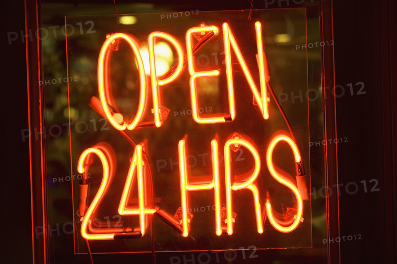 Neon Open sign in window. Date : 2007