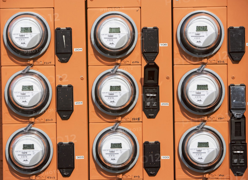 Rows of electric meters. Date : 2007
