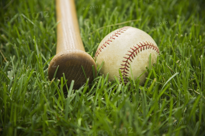 Bat and baseball laying on grass. Date : 2006