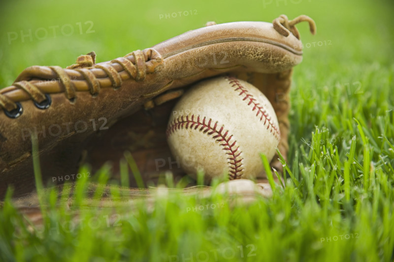 Baseball and mitt laying on grass. Date : 2006