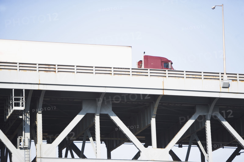 Low angle view of truck on bridge. Date : 2007