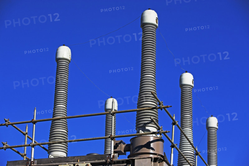 Low angle view of high voltage station. Date : 2007