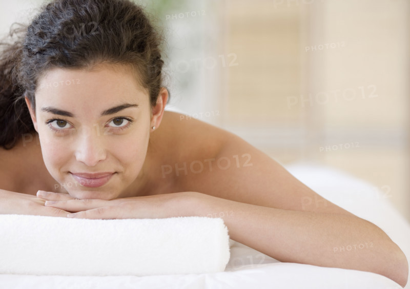 Woman laying on spa table. Date : 2007