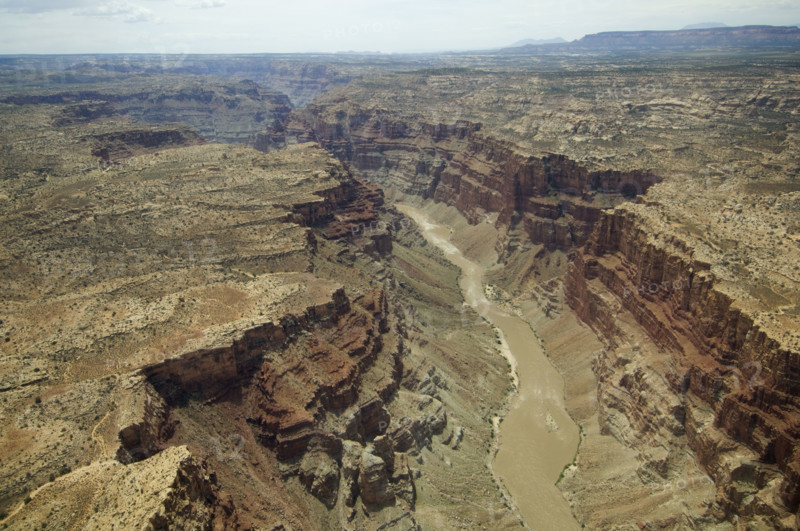Aerial view of river in canyon, Colorado River, Canyonlands National Park, Moab, Utah, United States. Date : 2007