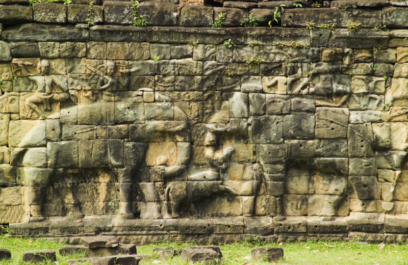 Terrace of the Elephants at ancient Temple Angkor Thom Angkor Wat Cambodia Khmer. Date : 2006