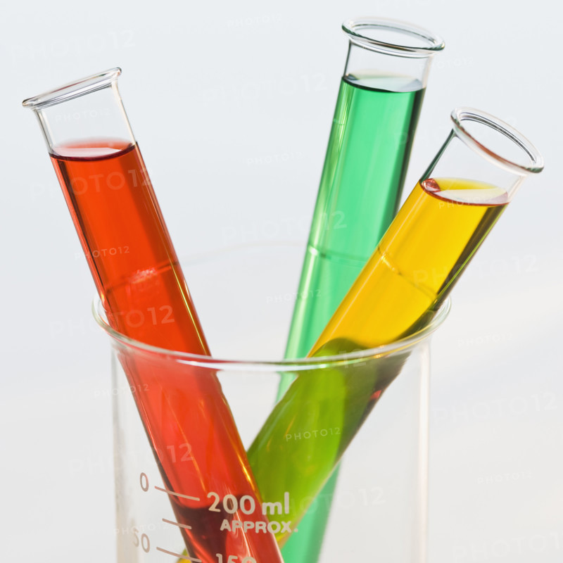 Multi-colored liquids in vials.