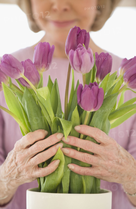 Senior woman arranging flowers.