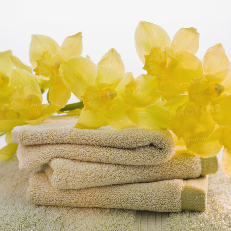 Flowers on stack of towels.