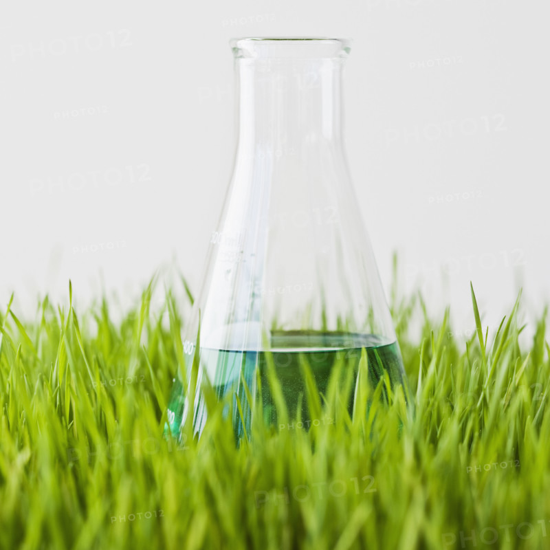 Beaker with liquid in grass.