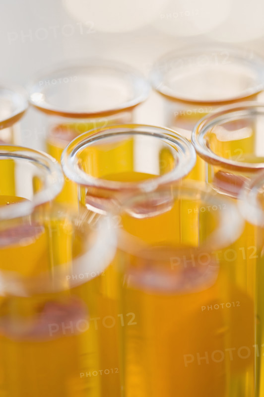 Close up of liquid in vials.