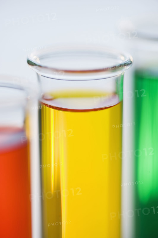 Multi-colored liquids in vials.