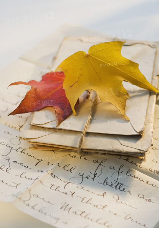 Autumn leaves on bundle of letters.