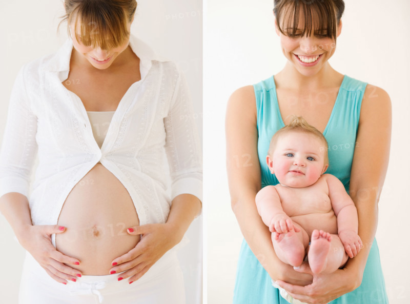 Pregnant woman next to mother holding baby. Date : 2008