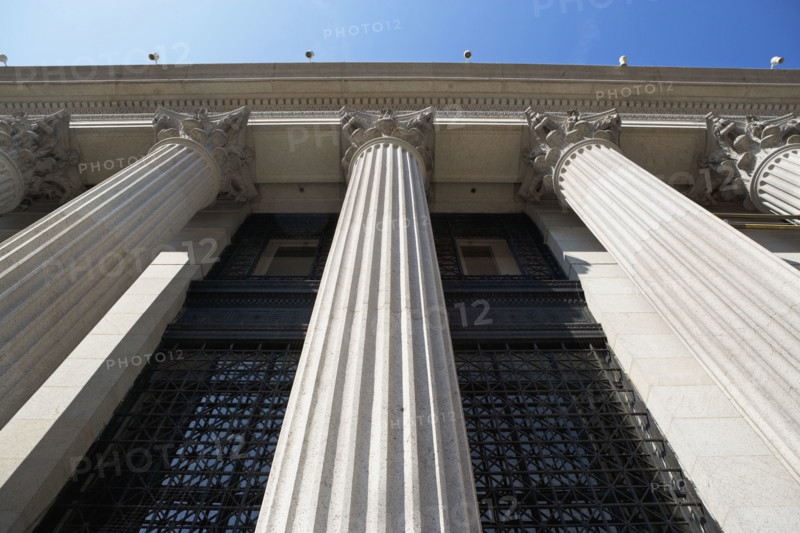 Low angle view of stone columns, New York City, New York, United States. Date : 2008