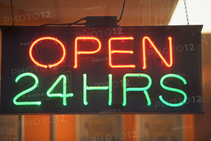 open 24 hours sign. Date : 2008