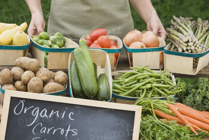 Baskets of organic vegetables.