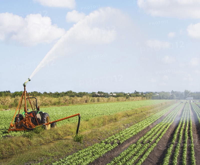 Tractor watering field, Florida, United States. Date : 2008