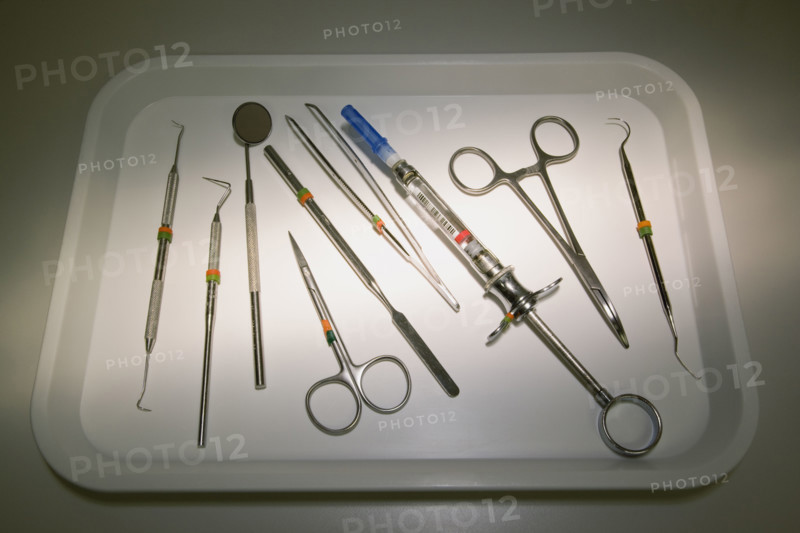 Dentist tools on tray. Date : 2008